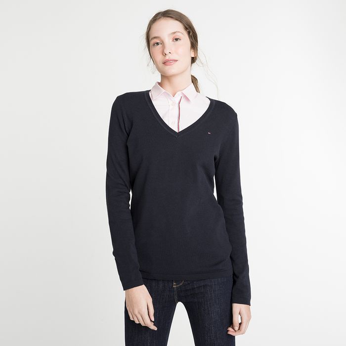 Tommy Hilfiger Suéter feminino de tricô com gola canoa